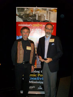 Luther Brown, Director of the Delta Center for Culture and Learning and Malcolm White, Director of the Mississippi Arts Commission, at the Mississippi Creative Economy Road Show in Jobe Theater on the campus of Delta State University.